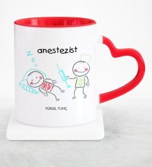 Kişiye Özel Mesleki Anestezist Kırmızı Kalpli Kupa Bardak