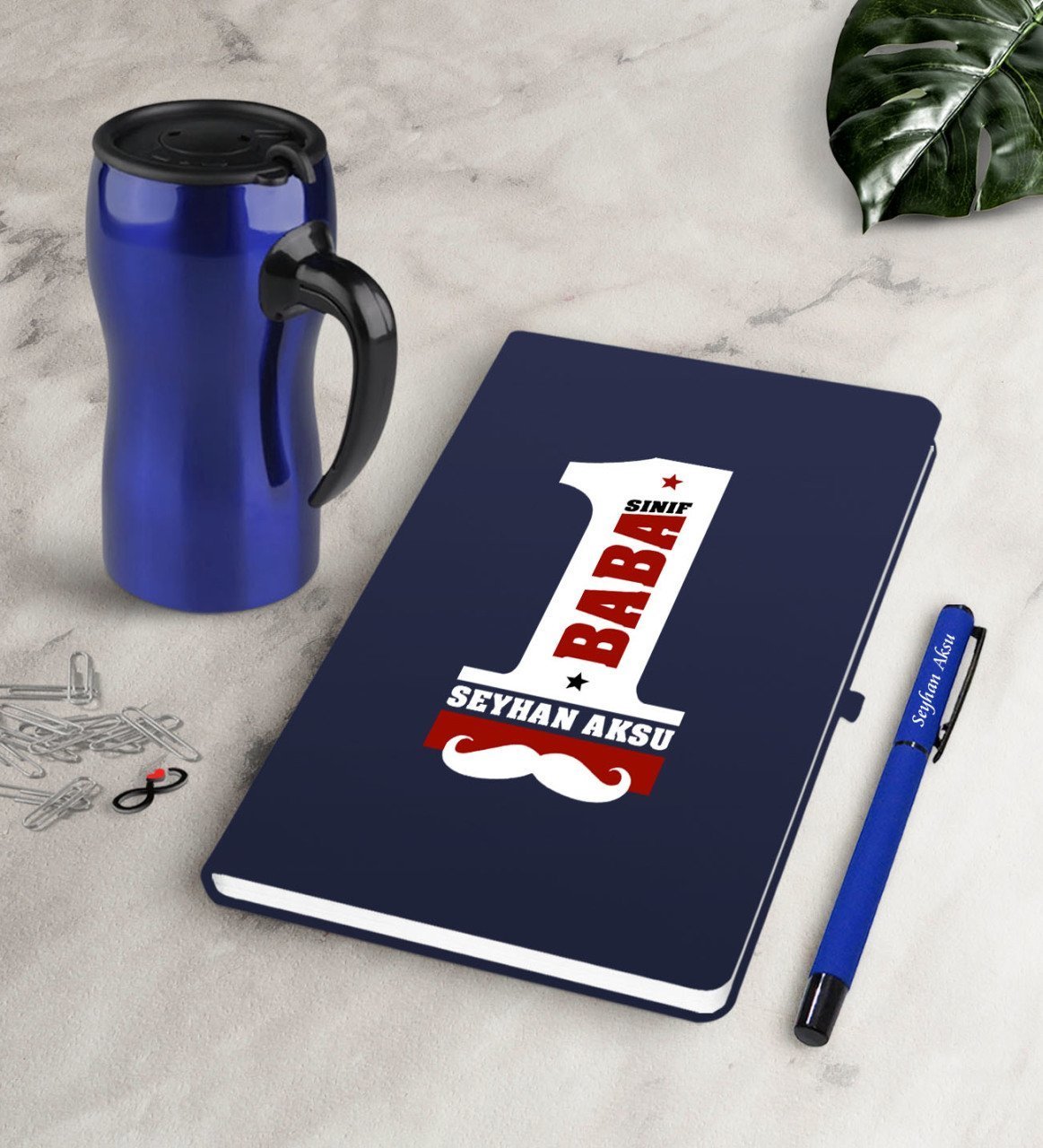 Kişiye Özel 1. Sınıf Baba Lacivert Defter Kalem Termos Mug Seti