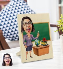 Kişiye Özel Kadın Öğretmen Karikatürlü Dekoratif Ahşap Çerçeve Model 1