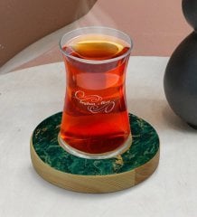 Kişiye Özel Mermer Tasarımlı Doğal Ahşap Tabaklı Heybeli Çay Bardağı Model 10