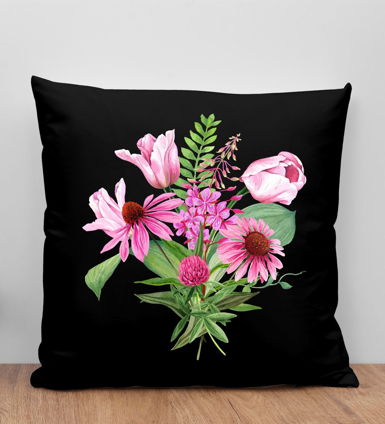 BK Gift Çiçek Tasarımlı Siyah Kırlent Yastık, Arkadaşa Hediye, Ev Dekorasyonu, Ev Hediyesi-6