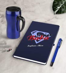 Kişiye Özel Süper Baba Lacivert Defter Kalem Termos Mug Seti-4