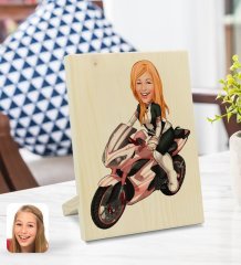 Kişiye Özel Kadın Motorcu Karikatürlü Dekoratif Ahşap Çerçeve Model 2