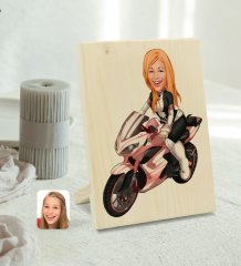 Kişiye Özel Kadın Motorcu Karikatürlü Dekoratif Ahşap Çerçeve Model 2