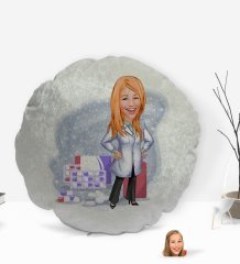 Kişiye Özel Kadın Eczacı Karikatürlü Yuvarlak Dekoratif Kırlent Yastık-3