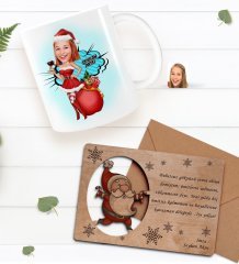 Kişiye Özel Happy New Year Kupa Bardak ve Retro Ahşap Yılbaşı Tebrik Kartı Hediye Seti-10C