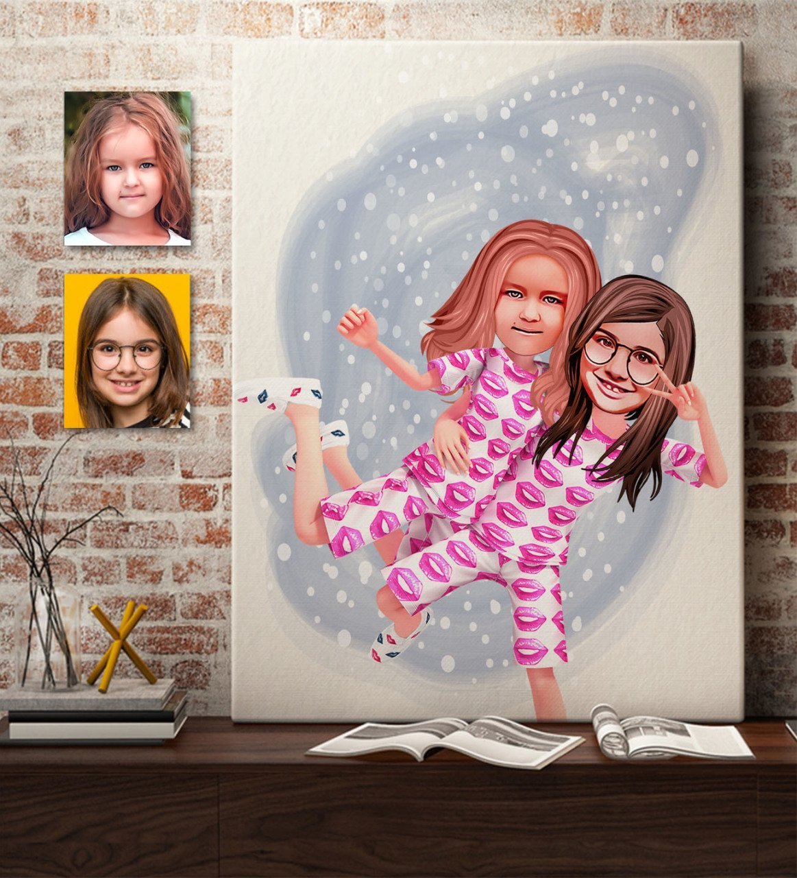 Kişiye Özel Kız Kardeşler Karikatürlü Kanvas Tablo 70x100cm -1