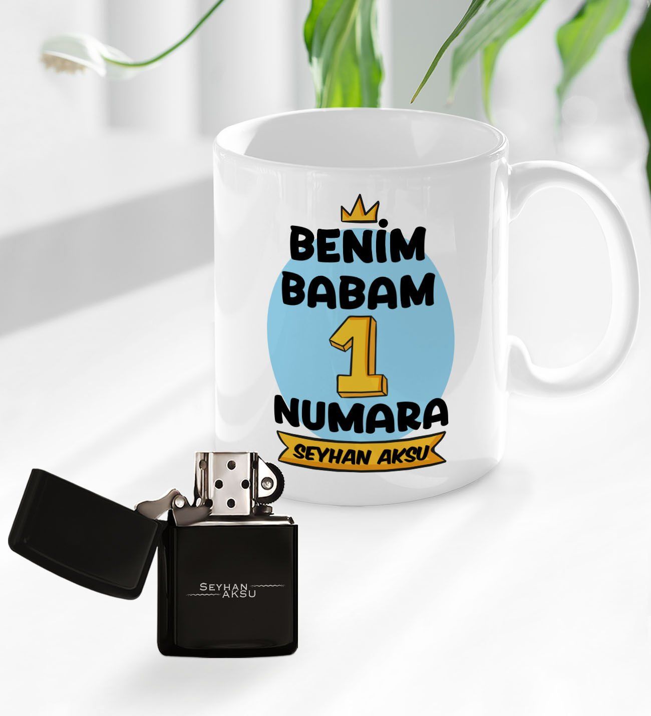 Bk Gift Kişiye Özel Babalar Günü Tasarımlı Kupa Bardak ve Benzinli Çakmak Seti-12, Babaya Hediye , Babalar Günü Hediyesi