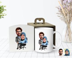 Kişiye Özel Ahşap Kutuda Sevgililer Karikatürlü Beyaz Kupa Bardak-59