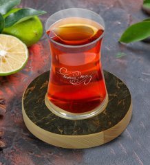 Kişiye Özel Mermer Tasarımlı Doğal Ahşap Tabaklı Heybeli Çay Bardağı Model 8