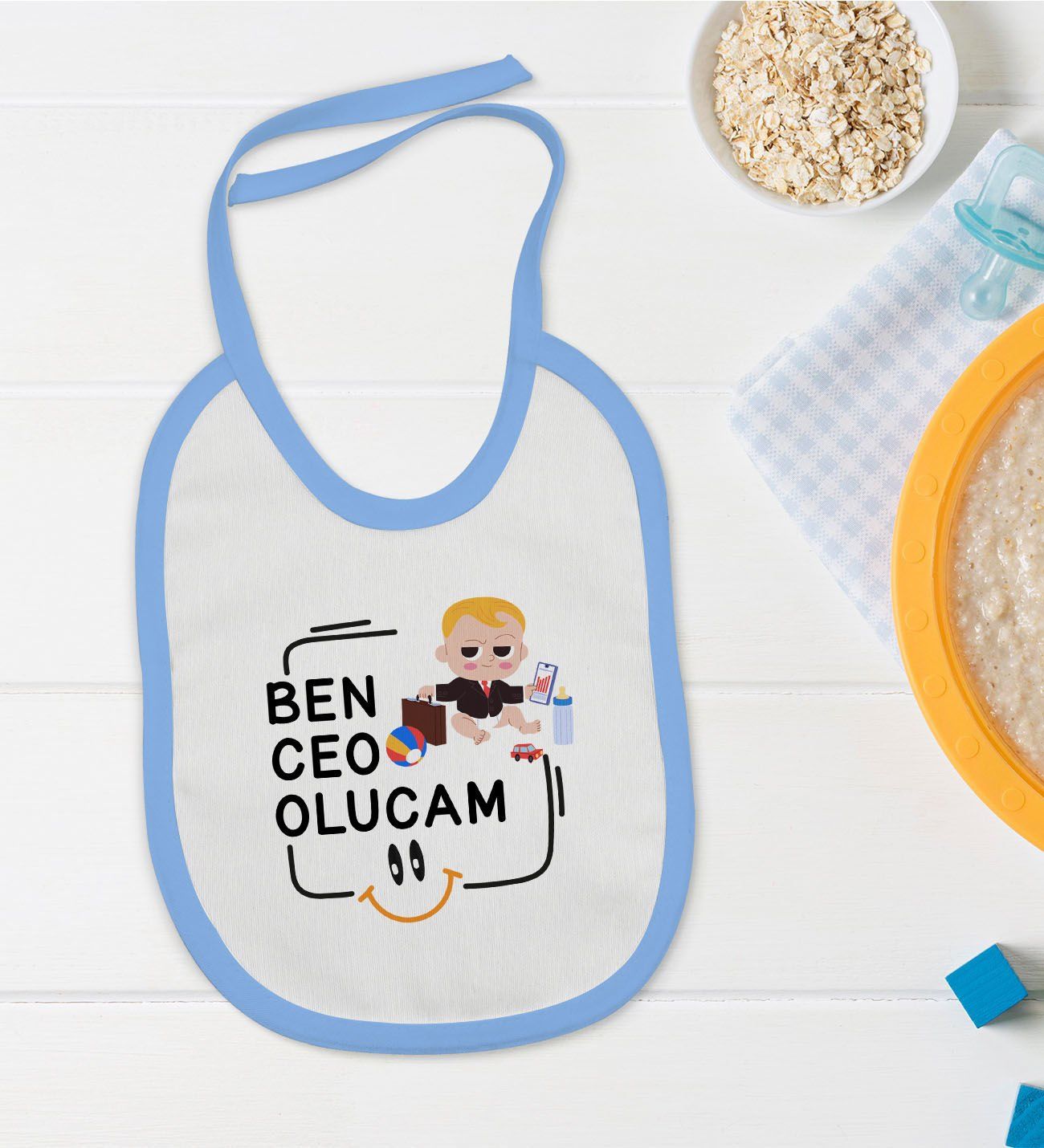 BK Kids Ceo Olucam Tasarımlı Mavi Bebek Mama Önlüğü-1