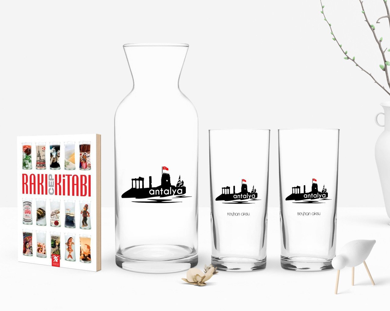 Kişiye Özel Renkli Baskılı Antalya Tasarımlı Turistik İkili Rakı Bardağı Karaf ve Cep Kitabı Hediye Seti-2