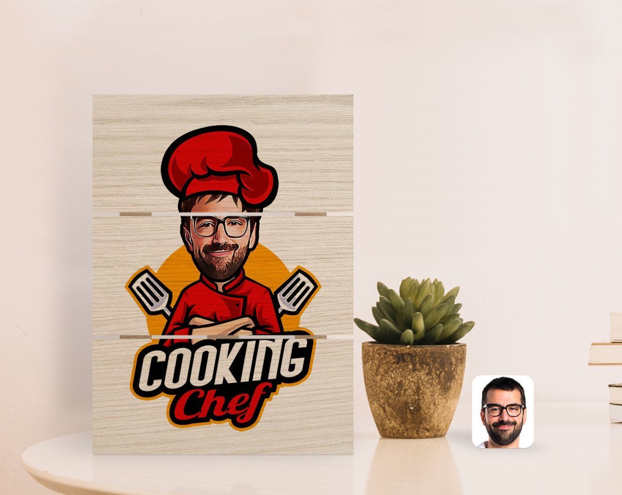 Kişiye Özel Erkek Chef Karikatürlü Otantik Masaüstü Ahşap Palet Çerçeve-11