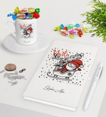 Kişiye Özel Noel Baba Beyaz Defter Kalem Türk Kahvesi Fincanı ve Haribo Şeker Hediye Seti-5