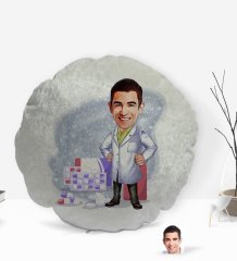 Kişiye Özel Erkek Eczacı Karikatürlü Yuvarlak Dekoratif Kırlent Yastık-3