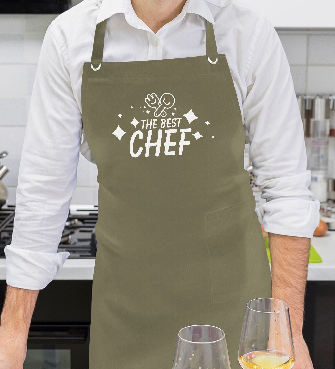 BK Gift Profesyonel The Best Chef Tasarımlı Haki Yeşil Mutfak Önlüğü, Aşçı Önlüğü, Şef Önlüğü, Ev Hediyesi, Arkadaşa Hediye-1