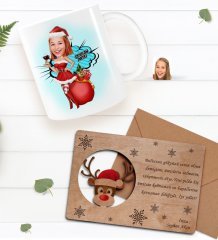 Kişiye Özel Happy New Year Kupa Bardak ve Retro Ahşap Yılbaşı Tebrik Kartı Hediye Seti-10B