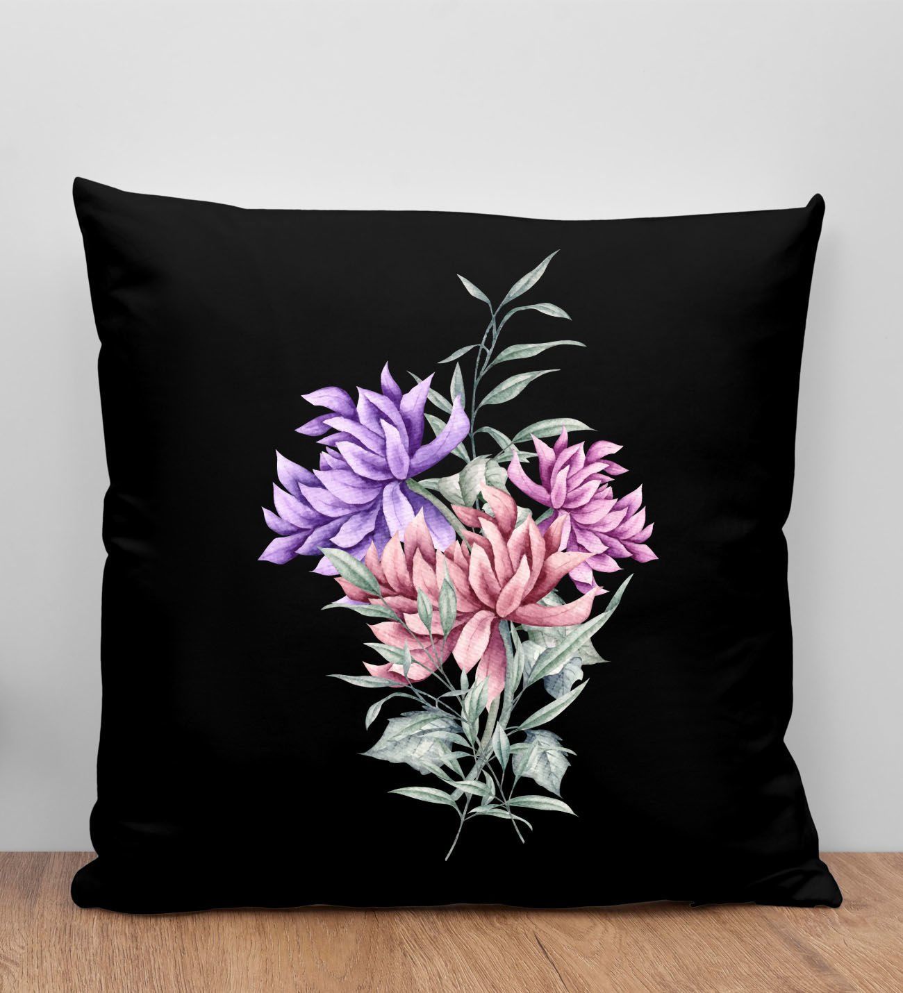 BK Gift Çiçek Tasarımlı Siyah Kırlent Yastık, Arkadaşa Hediye, Ev Dekorasyonu, Ev Hediyesi-2