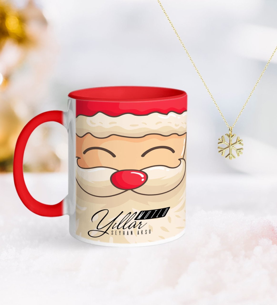 Kişiye Özel Noel Baba Kırmızı Kupa ve Kar Tanesi Kolye-6
