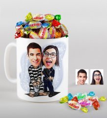 Kişiye Özel Sevgililer Karikatürlü Kupa ve Haribo Şeker Hediye Seti-7