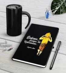 Kişiye Özel Babam Bildiğim Tek Kahraman Siyah Defter Kalem Termos Mug Seti