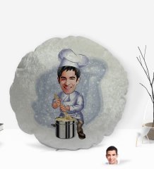 Kişiye Özel Erkek Aşçı Karikatürlü Yuvarlak Dekoratif Kırlent Yastık-1