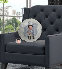 Kişiye Özel Erkek Aşçı Karikatürlü Yuvarlak Dekoratif Kırlent Yastık-1