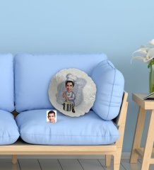 Kişiye Özel Erkek Aşçı Karikatürlü Yuvarlak Dekoratif Kırlent Yastık-1