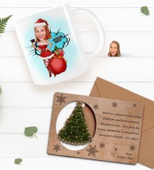 Kişiye Özel Happy New Year Kupa Bardak ve Retro Ahşap Yılbaşı Tebrik Kartı Hediye Seti-10A