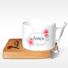 Kişiye Özel Bugün Günlerden Canım Annem Tasarımlı Ahşap Altlıklı Seramik Fincan - 1