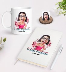 Kişiye Özel Kadınlar Günü O Bir Melek Karikatürlü Beyaz Defter Kalem ve Kupa Seti-1
