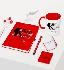 Kişiye Özel Kadınlar Günü Temalı Kırmızı Defter Kalem Kupa Ayna Seti - 6