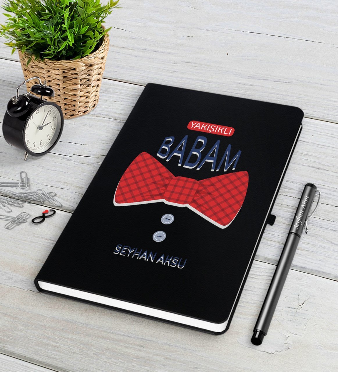 Kişiye Özel Yakışıklı Babam Siyah Defter Kalem Seti-6