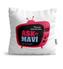 Kişiye Özel Aşk ve Mavi Beyaz Saten Yastık - 1