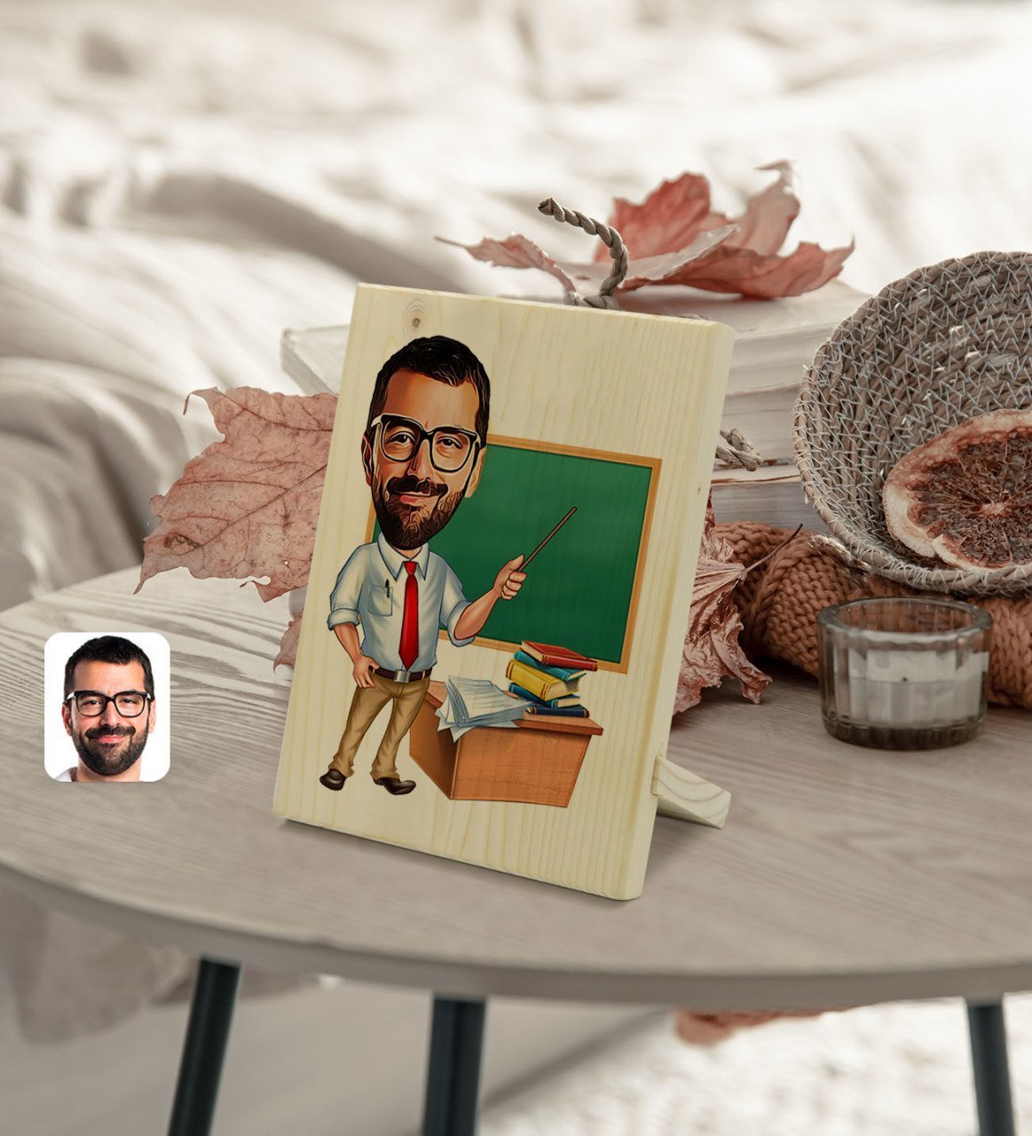 Kişiye Özel Erkek Öğretmen Karikatürlü Dekoratif Ahşap Çerçeve Model 1