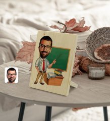 Kişiye Özel Erkek Öğretmen Karikatürlü Dekoratif Ahşap Çerçeve Model 1