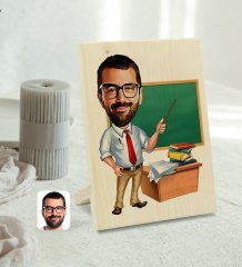 Kişiye Özel Erkek Öğretmen Karikatürlü Dekoratif Ahşap Çerçeve Model 1