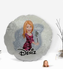 Kişiye Özel İsimli Şarkı Söyleyen Kız Karikatürlü Yuvarlak Dekoratif Kırlent Yastık-2