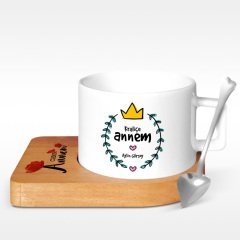 Kişiye Özel Kraliçe Annem Tasarımlı Ahşap Altlıklı Seramik Fincan - 1