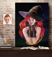 Kişiye Özel Bayan Cadı Karikatürlü Kanvas Tablo 70x100cm -2