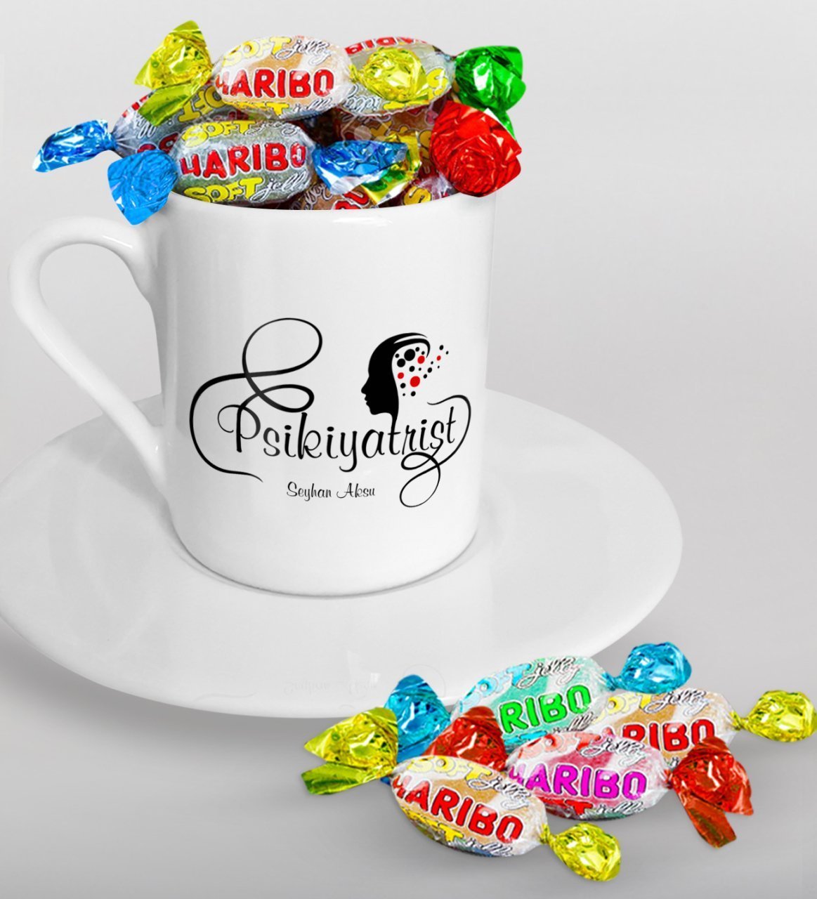 Kişiye Özel Psikiyatrist Türk Kahvesi Fincanı ve Haribo Şeker Hediye Seti-1