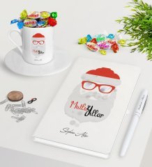 Kişiye Özel Noel Baba Beyaz Defter Kalem Türk Kahvesi Fincanı ve Haribo Şeker Hediye Seti-2