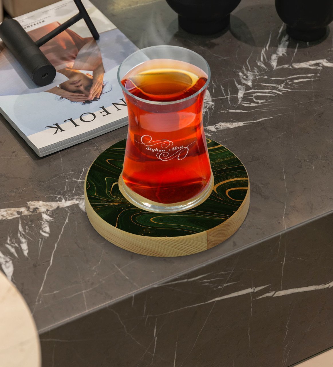 Kişiye Özel Mermer Tasarımlı Doğal Ahşap Tabaklı Heybeli Çay Bardağı Model 4