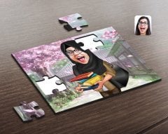 Kişiye Özel Tesettürlü Kadın Öğretmen Karikatürlü Ahşap Puzzle-2