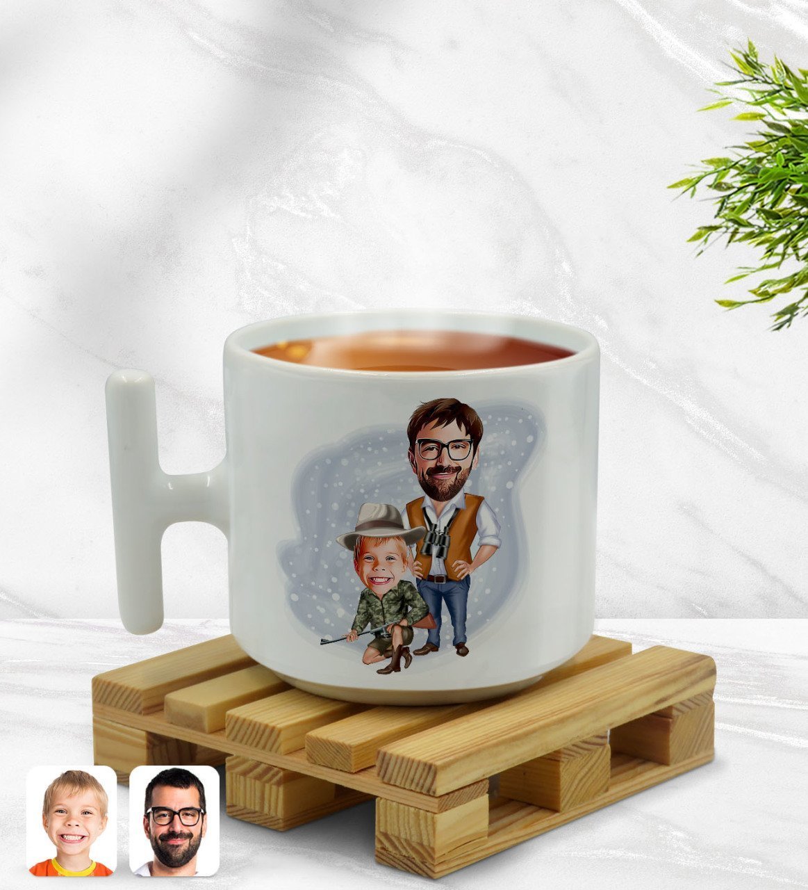 Kişiye Özel Baba Oğul Karikatürlü T Kulplu Beyaz Middle Kupa Bardak-1