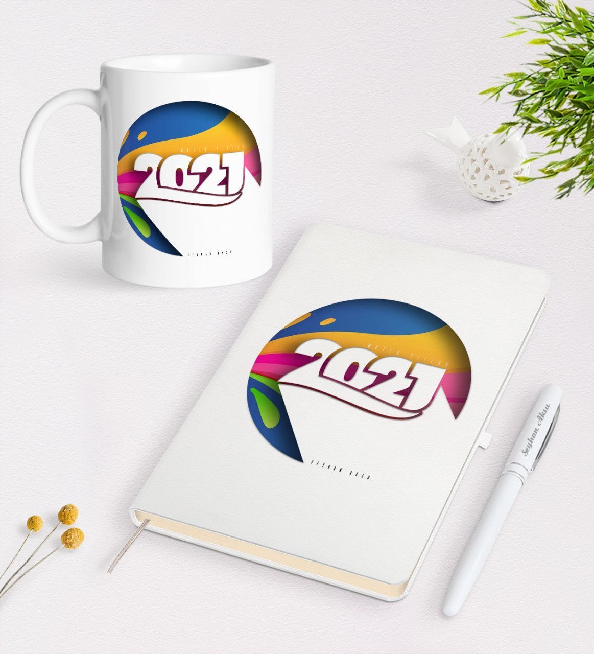 Kişiye Özel 2023 Mutlu Yıllar Beyaz Defter Kalem ve Kupa Seti-10