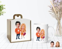 Kişiye Özel Ahşap Kutuda Sevgililer Karikatürlü Beyaz Kupa Bardak-54