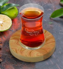 Kişiye Özel Mermer Tasarımlı Doğal Ahşap Tabaklı Heybeli Çay Bardağı Model 3