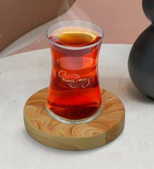 Kişiye Özel Mermer Tasarımlı Doğal Ahşap Tabaklı Heybeli Çay Bardağı Model 3