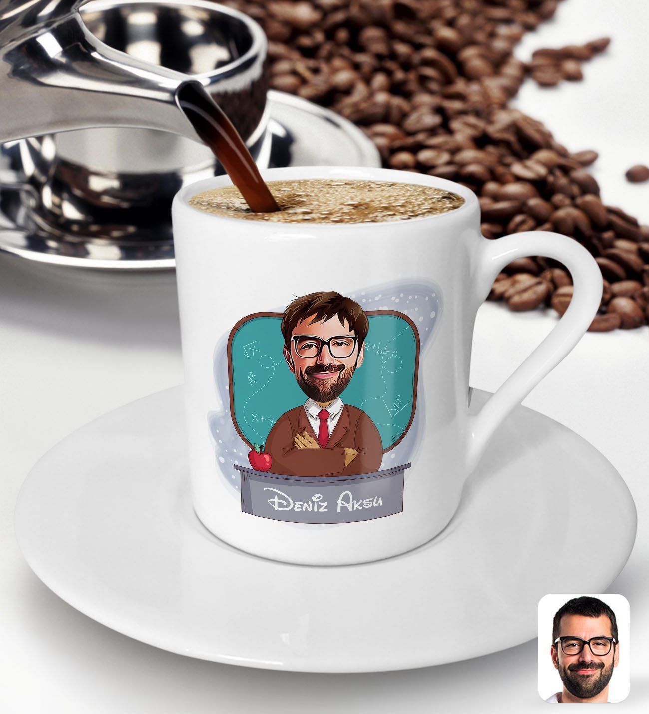 BK Gift Kişiye Özel Erkek Öğretmen Karikatürlü Türk Kahvesi Fincanı-3